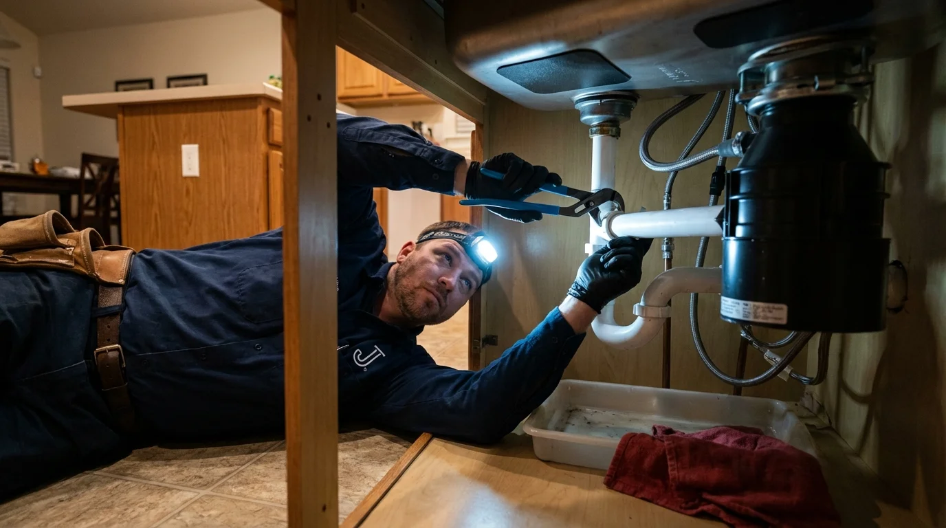 P-trap and supply line connections under a kitchen sink showing a common leak point in Frankfort, KY